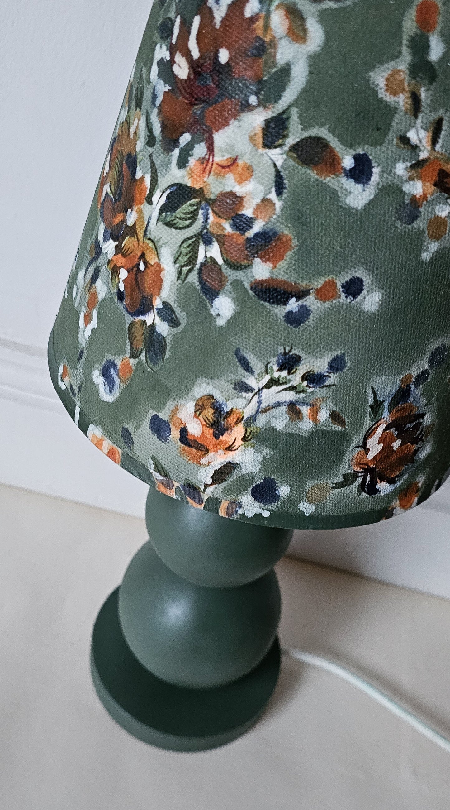 Upcycled Floral Pattern Lamp & Wooden Bobbin Base