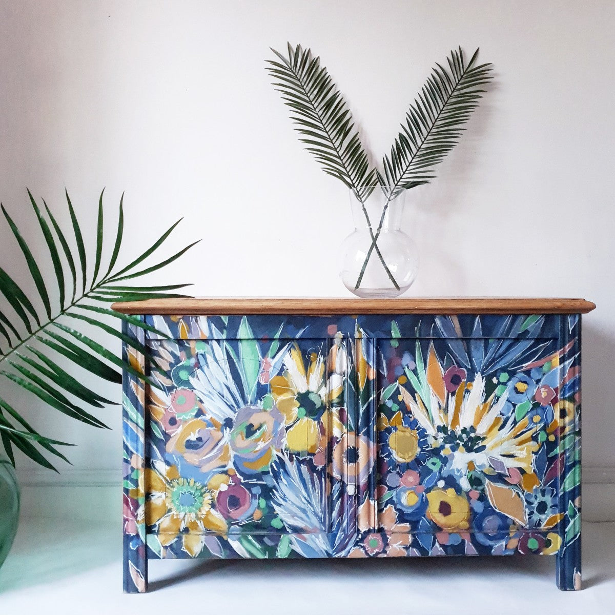 Chloe Kempster free spirited upcycled furniture with personality - vintage floral abstract hand painted unique sideboard side unit hallway furniture