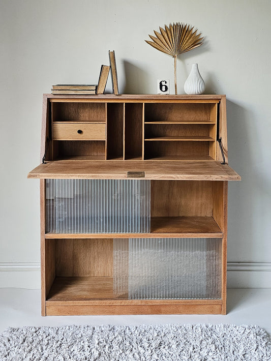 The Alice Hand-painted Reeded Glass Oak Bureau Desk