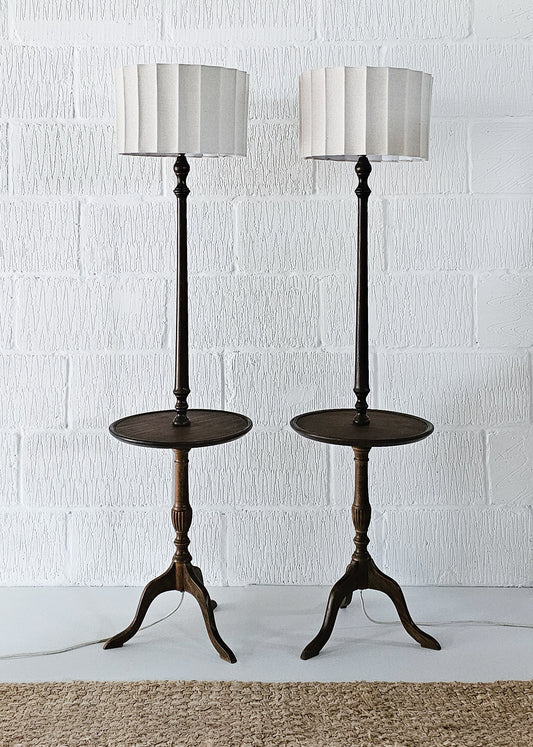 Pair of Vintage Mahogany Floor Lamps with Sculptural Shades