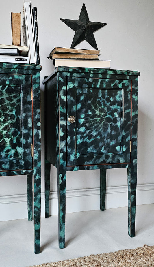 The Aria Leopard Print Pair of Edwardian Bedside Cabinets