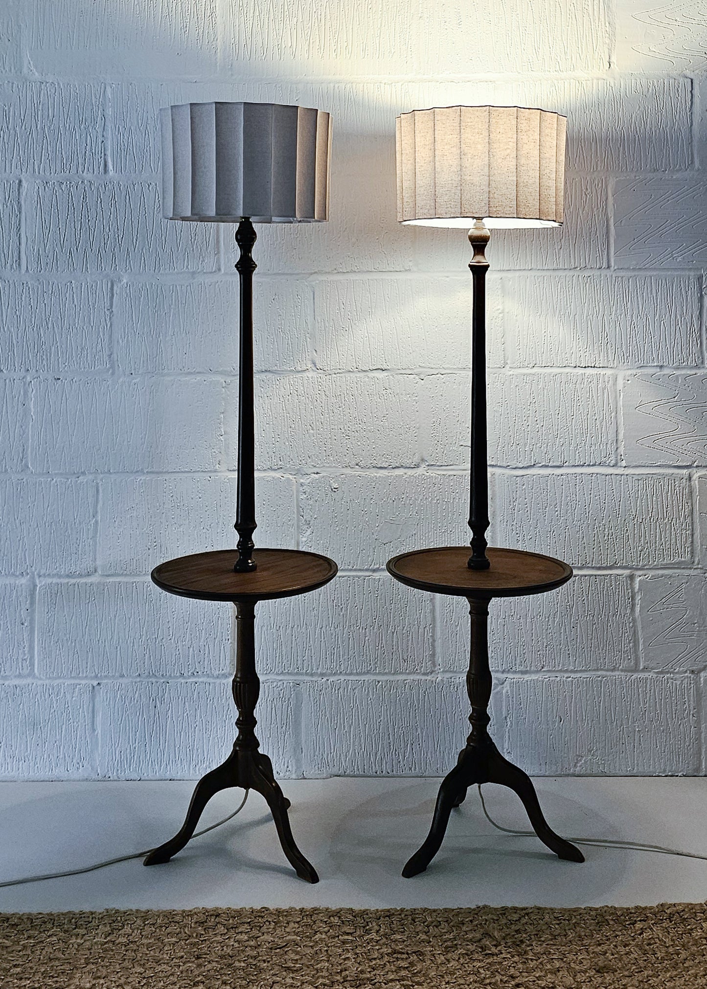 Pair of Vintage Mahogany Floor Lamps with Sculptural Shades