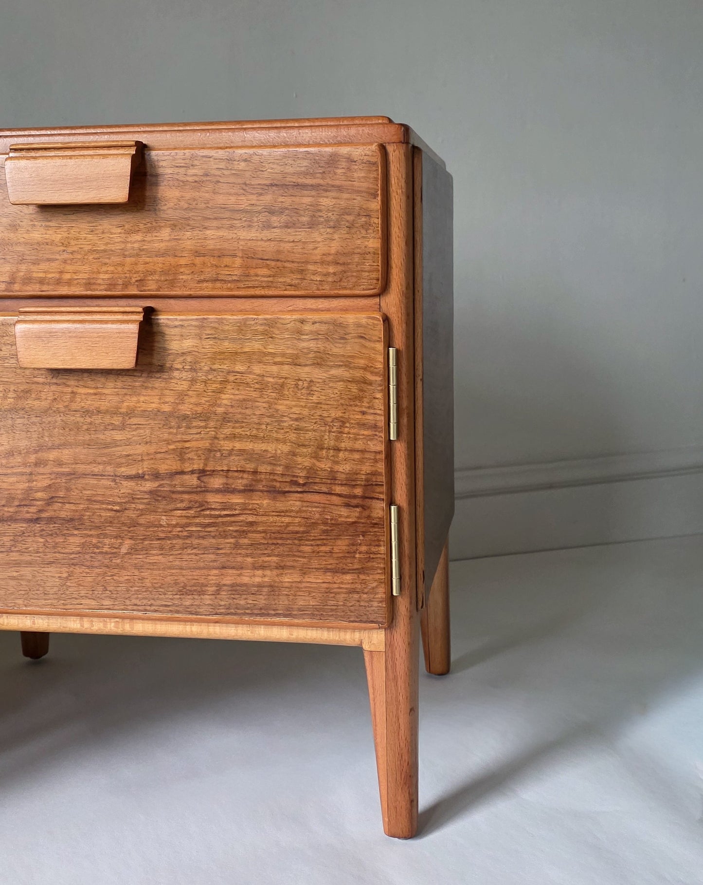 The Loughborough Pair of Mid Century Walnut Veneer & Teak Bedside Cabinets