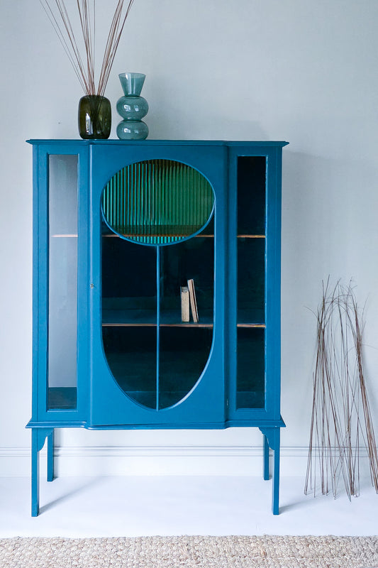 The Evelyn Turquoise & Gold Ribbed Glass Antique Cabinet