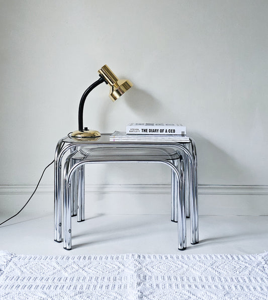 The Chrome Mid-Century Modern Smoked Glass Stacking Tables