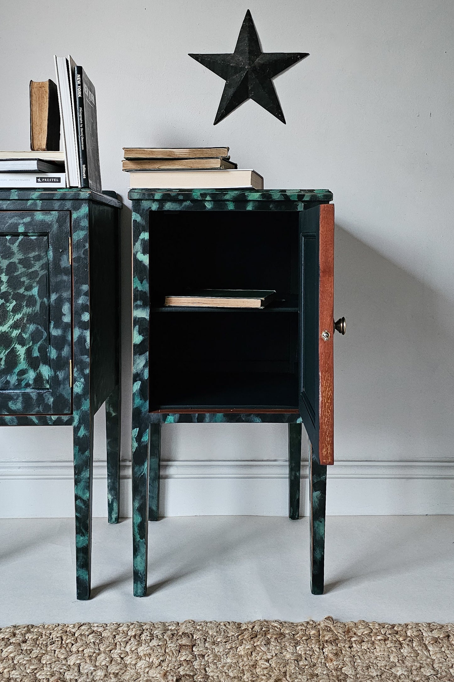 The Aria Leopard Print Pair of Edwardian Bedside Cabinets