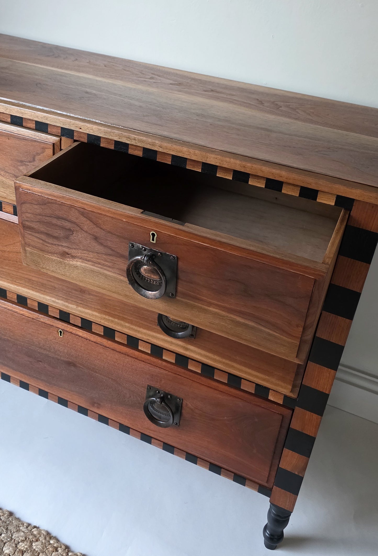 Antique Arts & Crafts Mahogany Drawers with Black Details