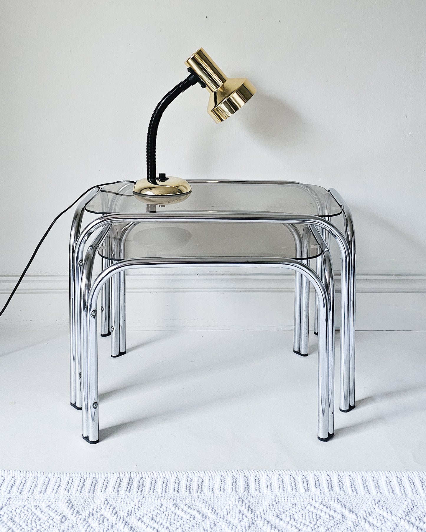 The Chrome Mid-Century Modern Smoked Glass Stacking Tables