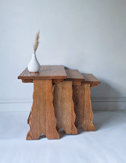 The Nest Set of Three Rustic Oak Coffee Side Tables