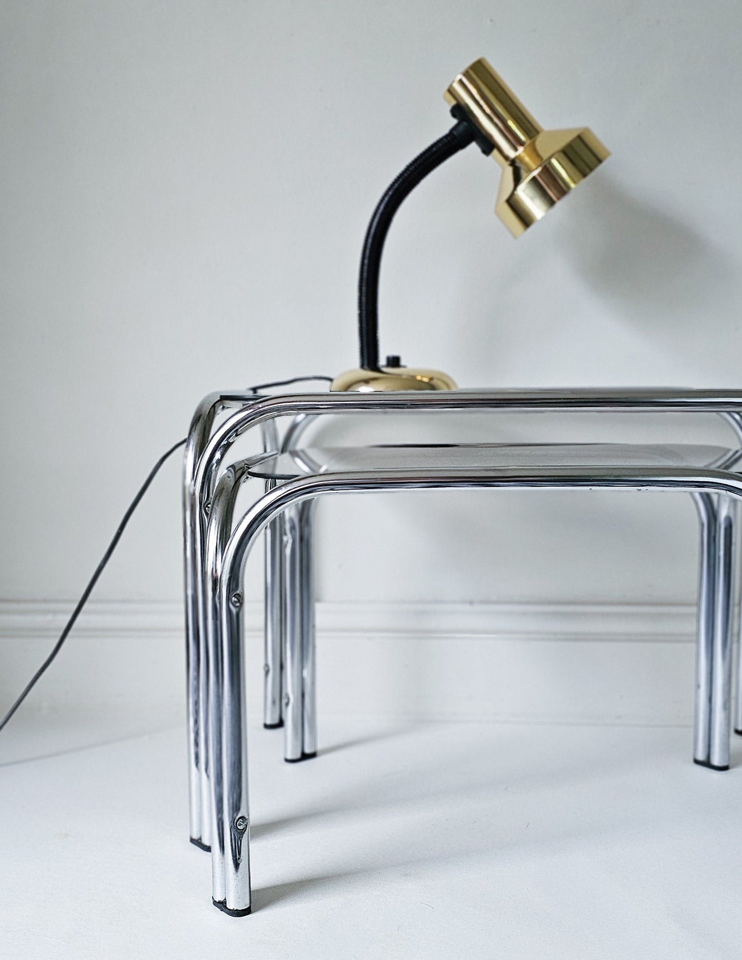 The Chrome Mid-Century Modern Smoked Glass Stacking Tables