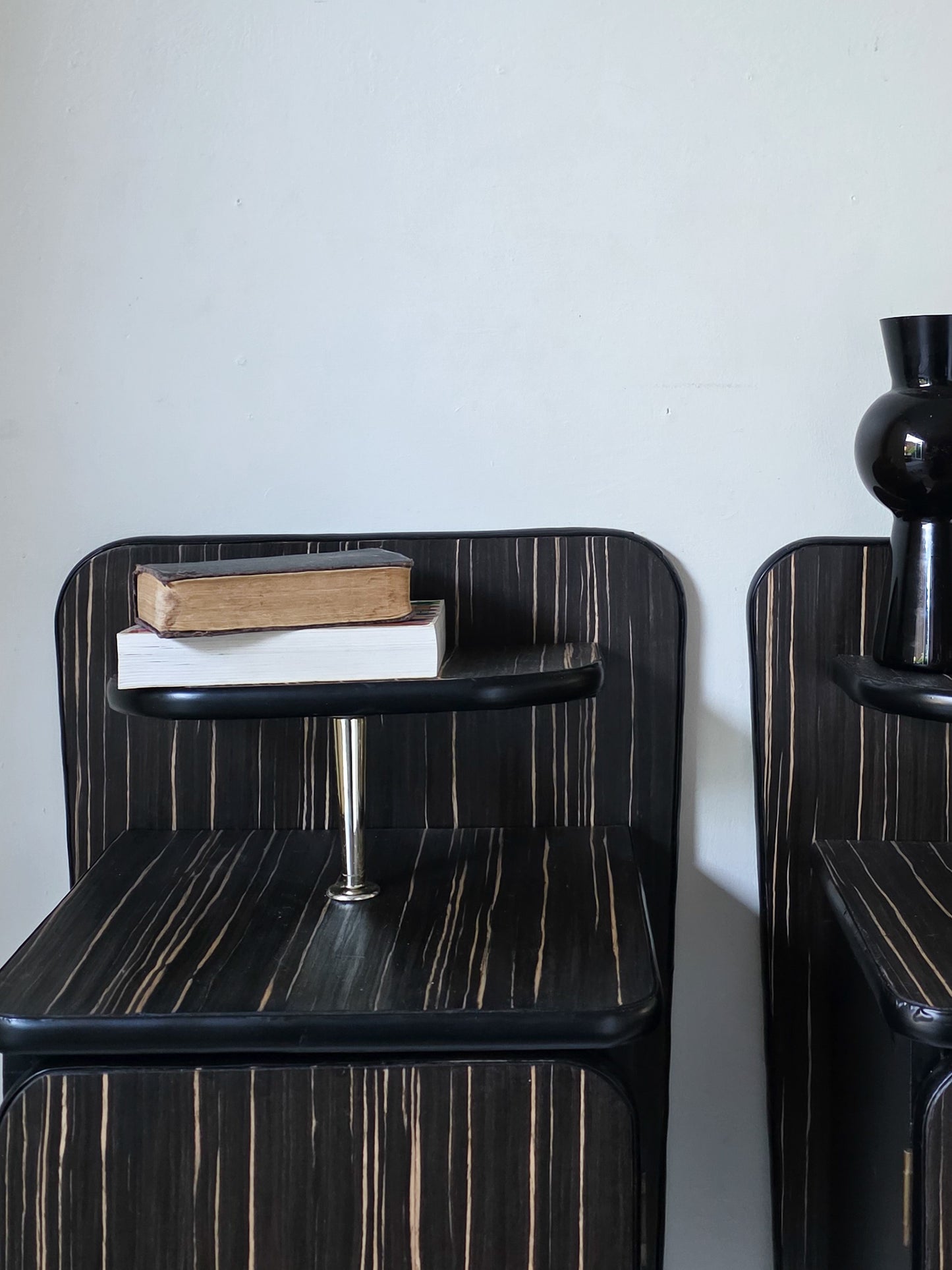 The Pinstripe Pair of Mid Century Veneer Bedside Cabinets