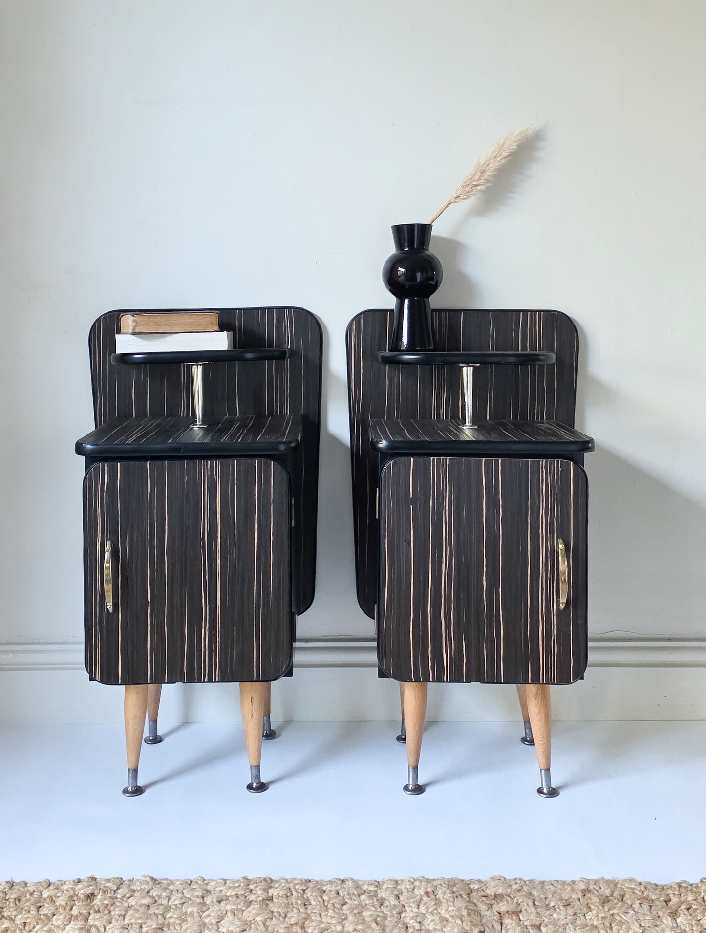 The Pinstripe Pair of Mid Century Veneer Bedside Cabinets