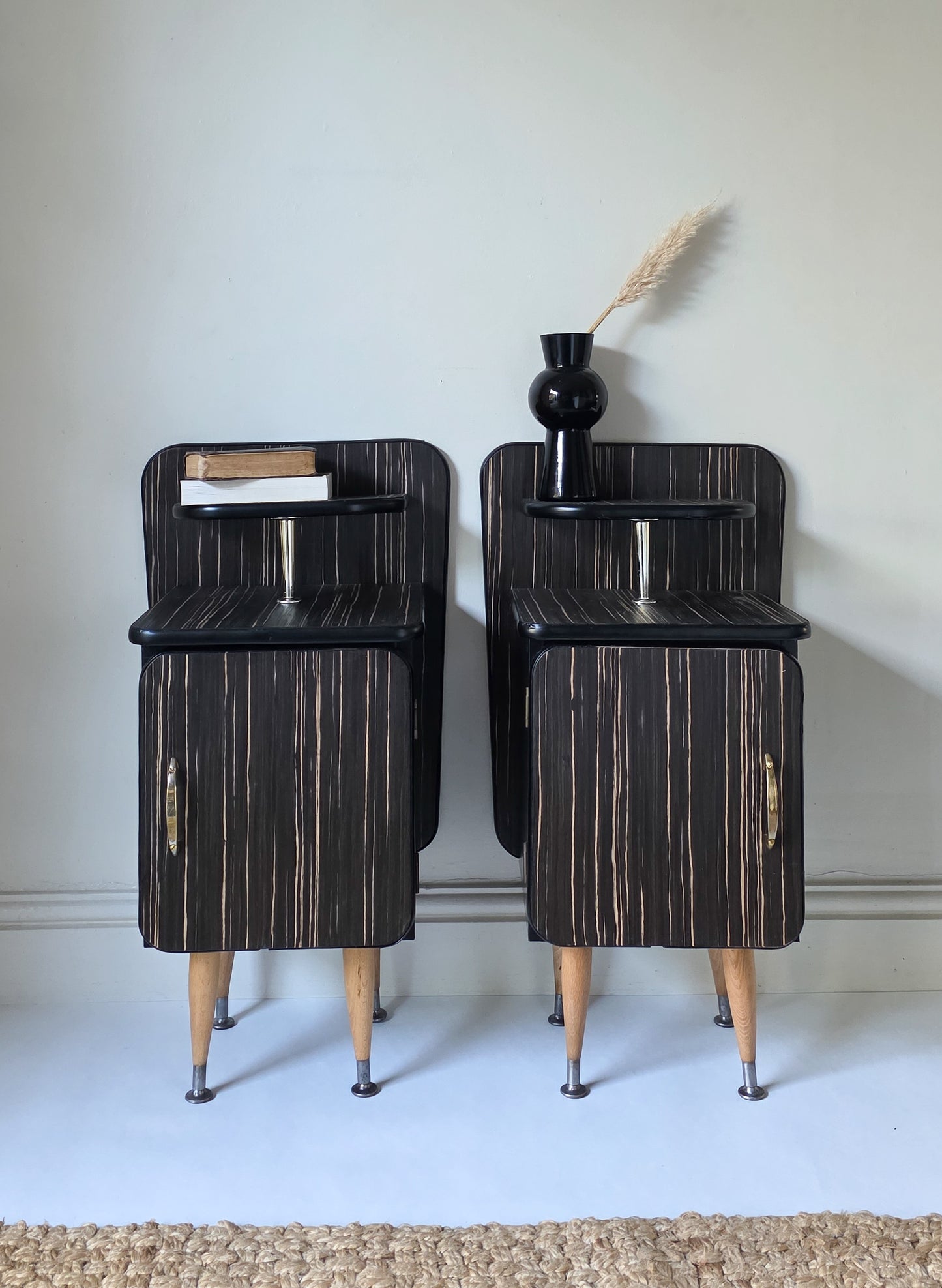 The Pinstripe Pair of Mid Century Veneer Bedside Cabinets
