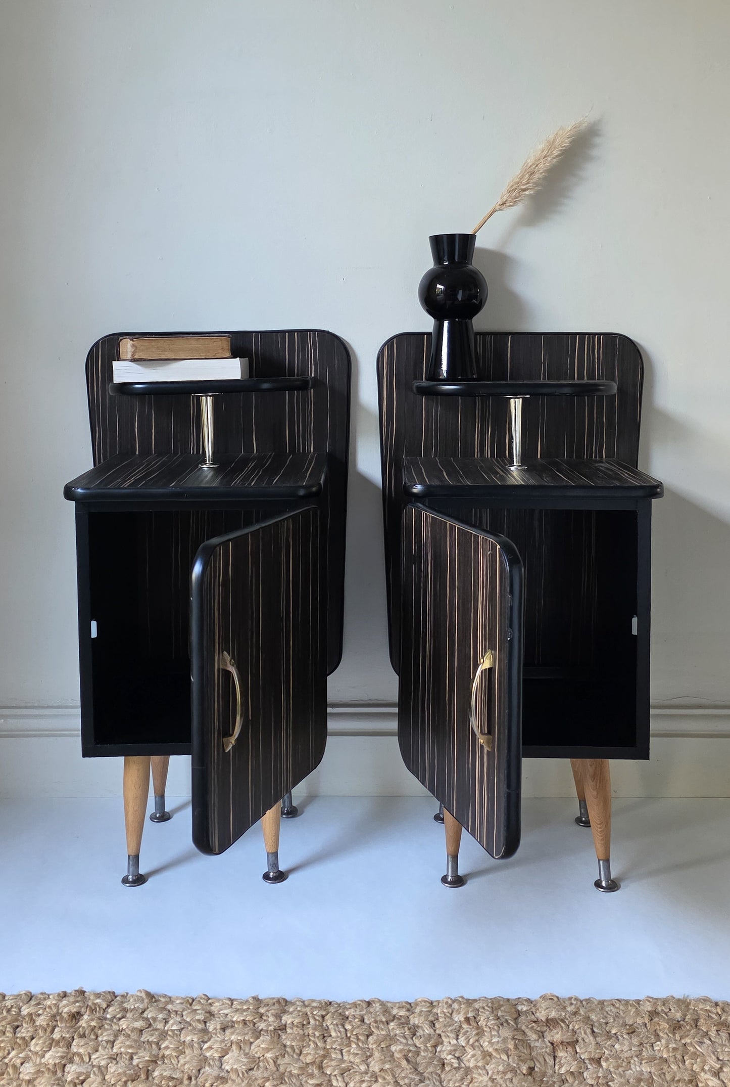 The Pinstripe Pair of Mid Century Veneer Bedside Cabinets