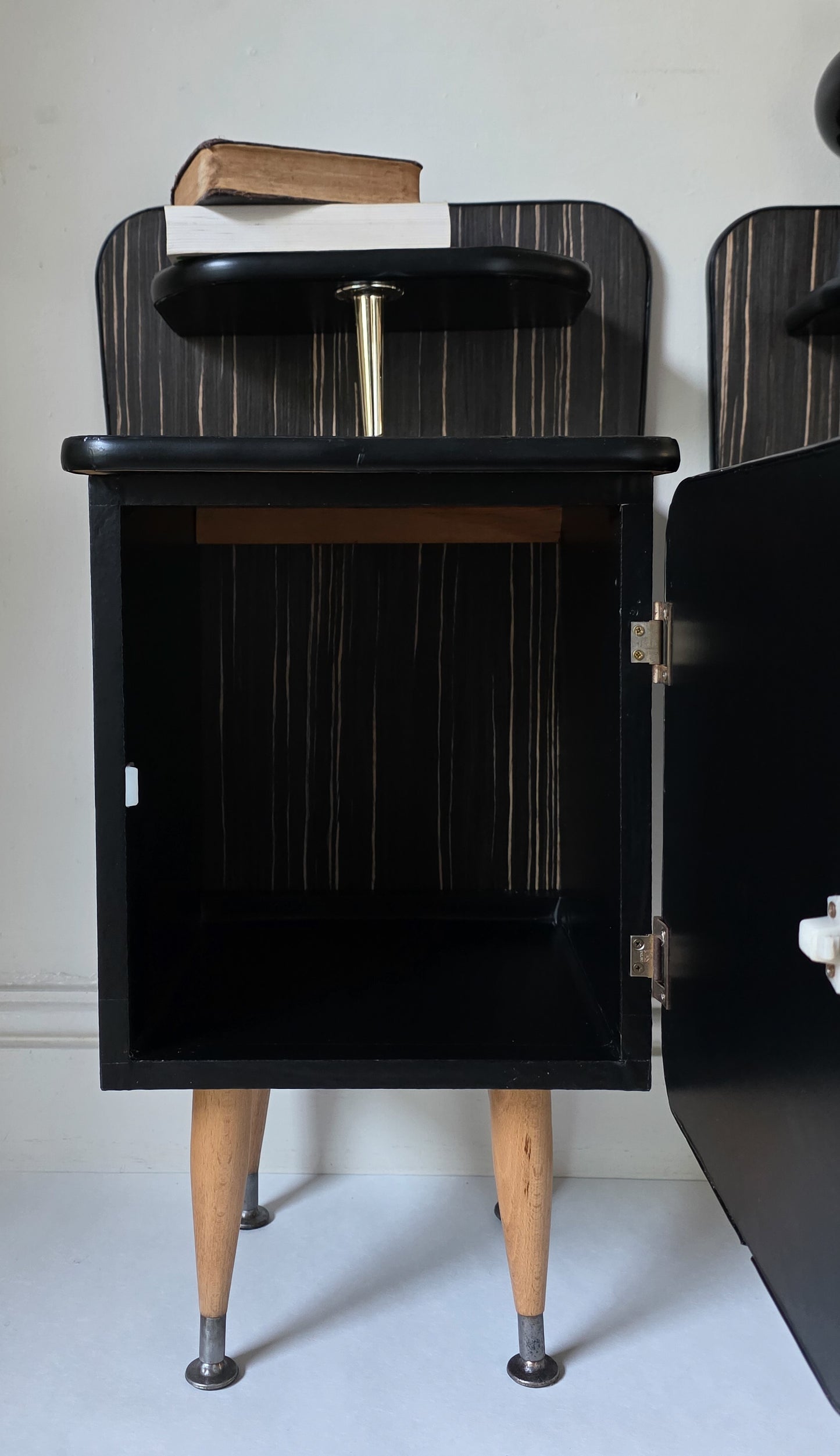 The Pinstripe Pair of Mid Century Veneer Bedside Cabinets