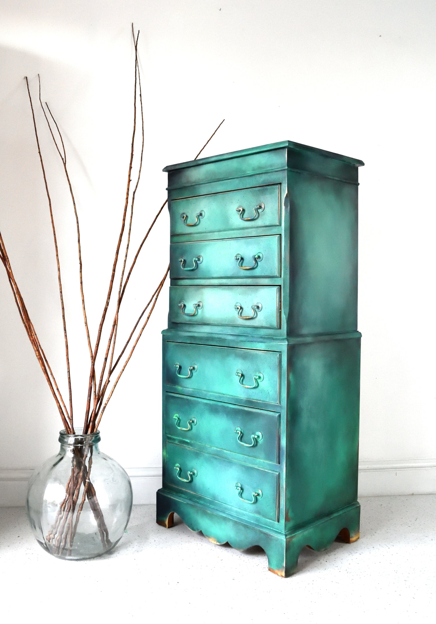 Tallboy turqouise bureau, painted in Chloe Kempster free spirited artist, paint collaboration with Daydream Apothecary - the Botanical collection