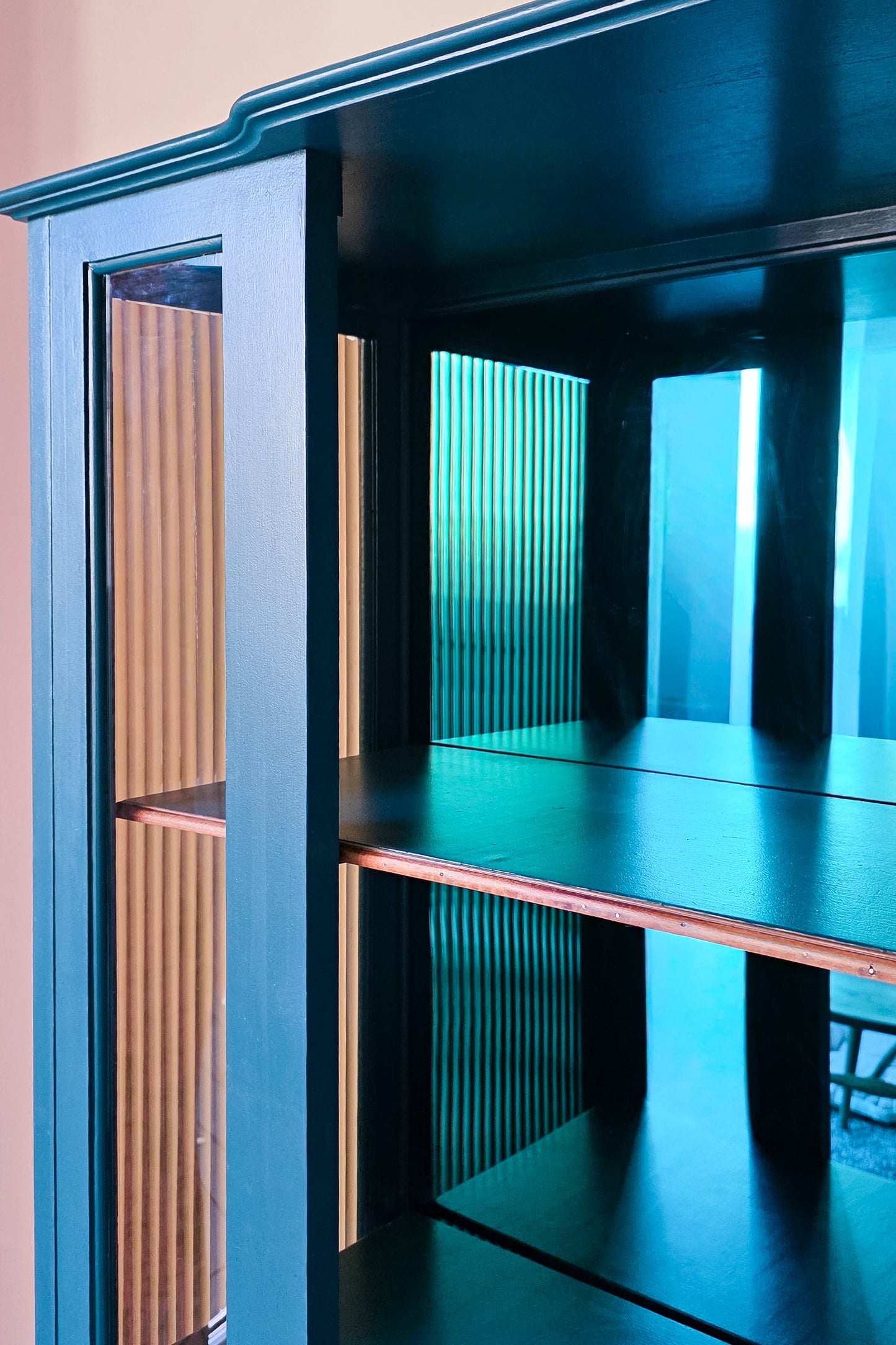 The Evelyn Turquoise & Gold Ribbed Glass Antique Cabinet