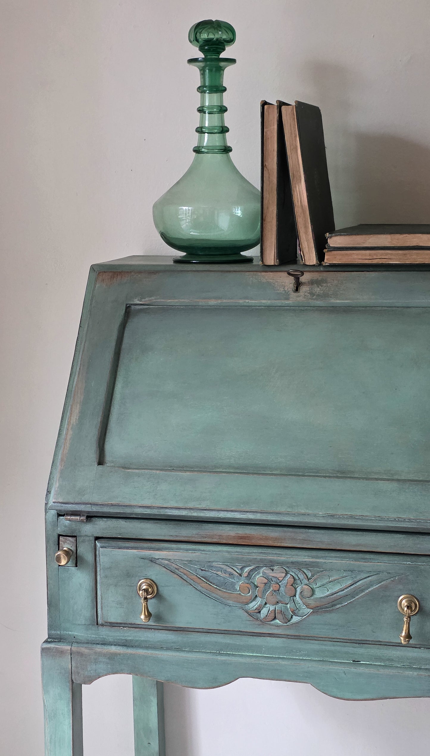 The Sharon Painted Oak Bureau & Floral Carving