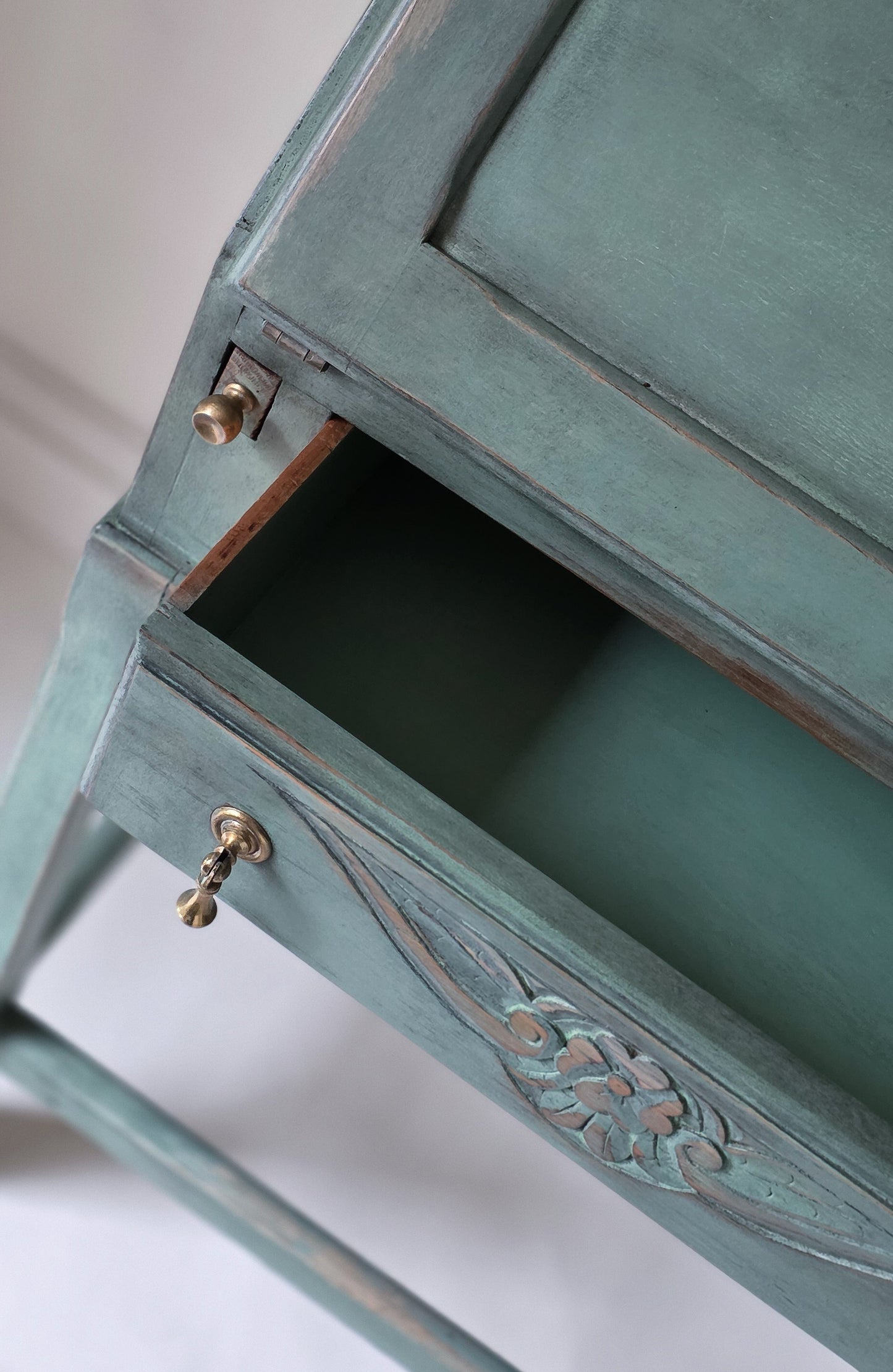 The Sharon Painted Oak Bureau & Floral Carving