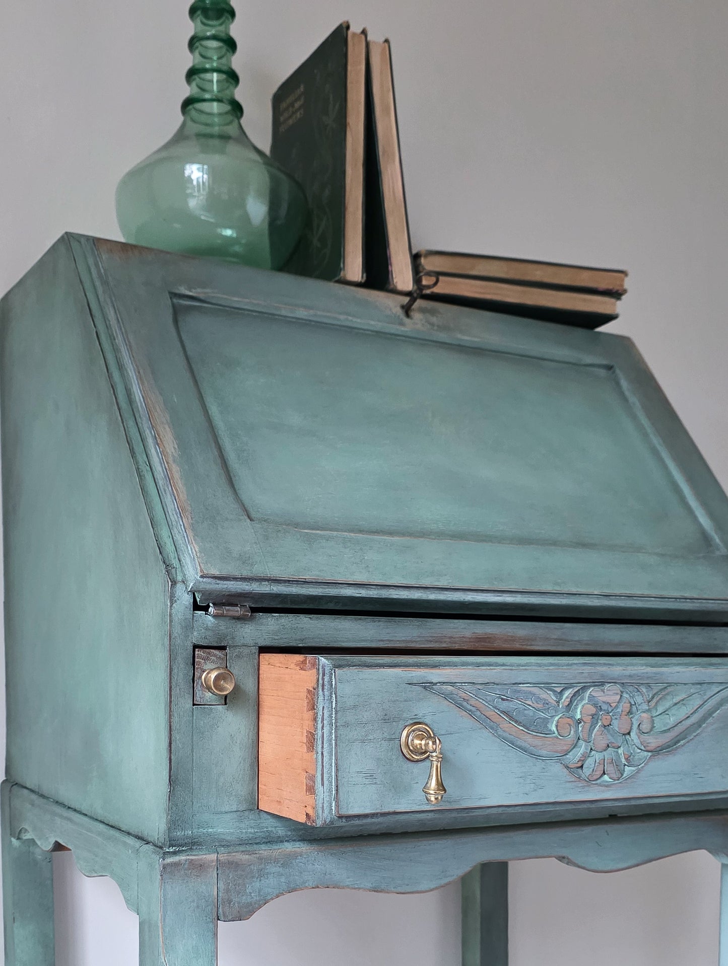 The Sharon Painted Oak Bureau & Floral Carving