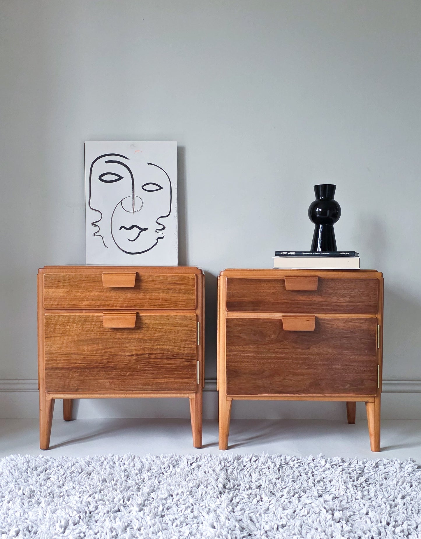 The Loughborough Pair of Mid Century Walnut Veneer & Teak Bedside Cabinets