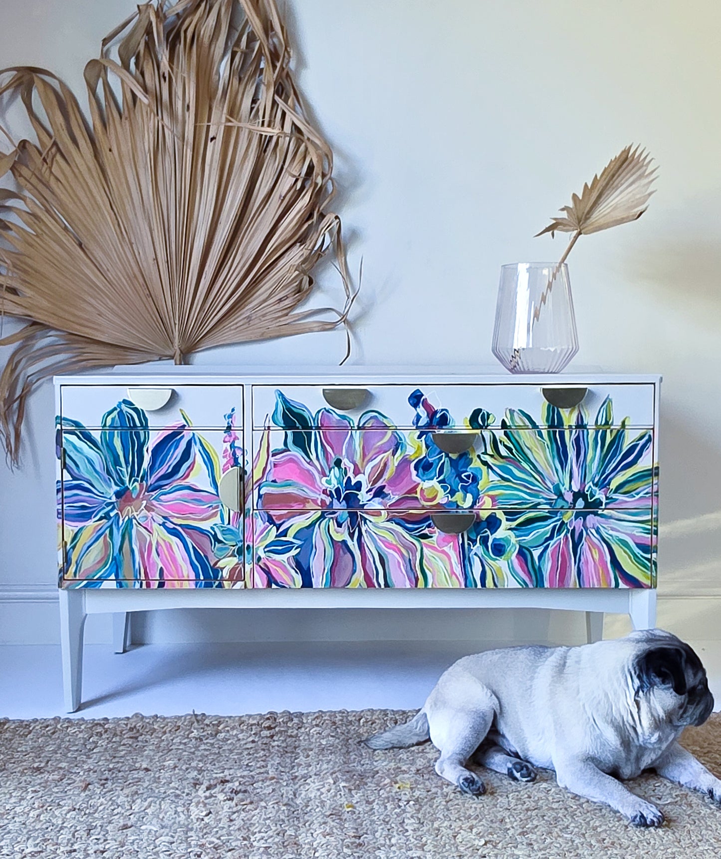 The Eden Hand-painted Floral Mid Century Sideboard