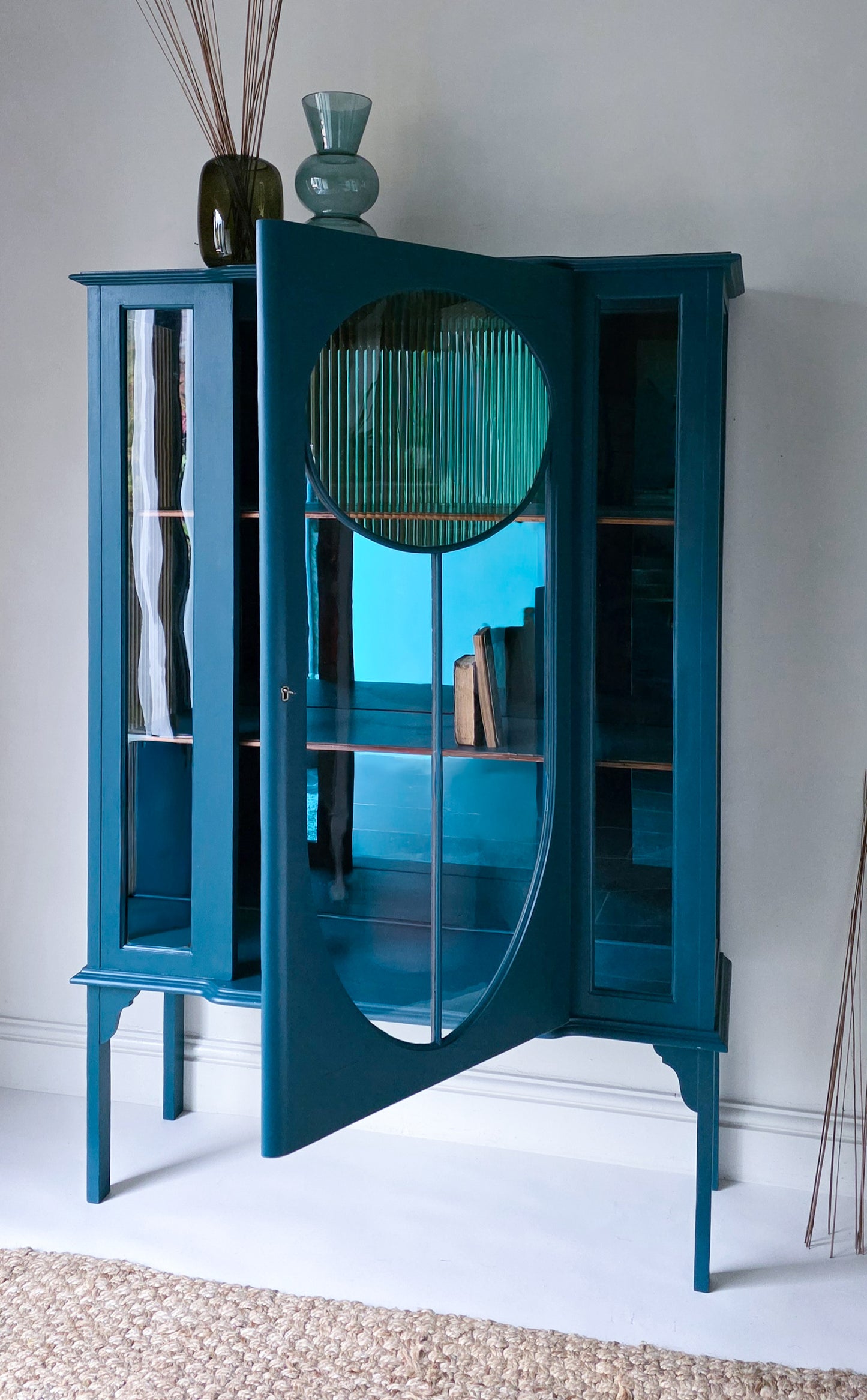 The Evelyn Turquoise & Gold Ribbed Glass Antique Cabinet