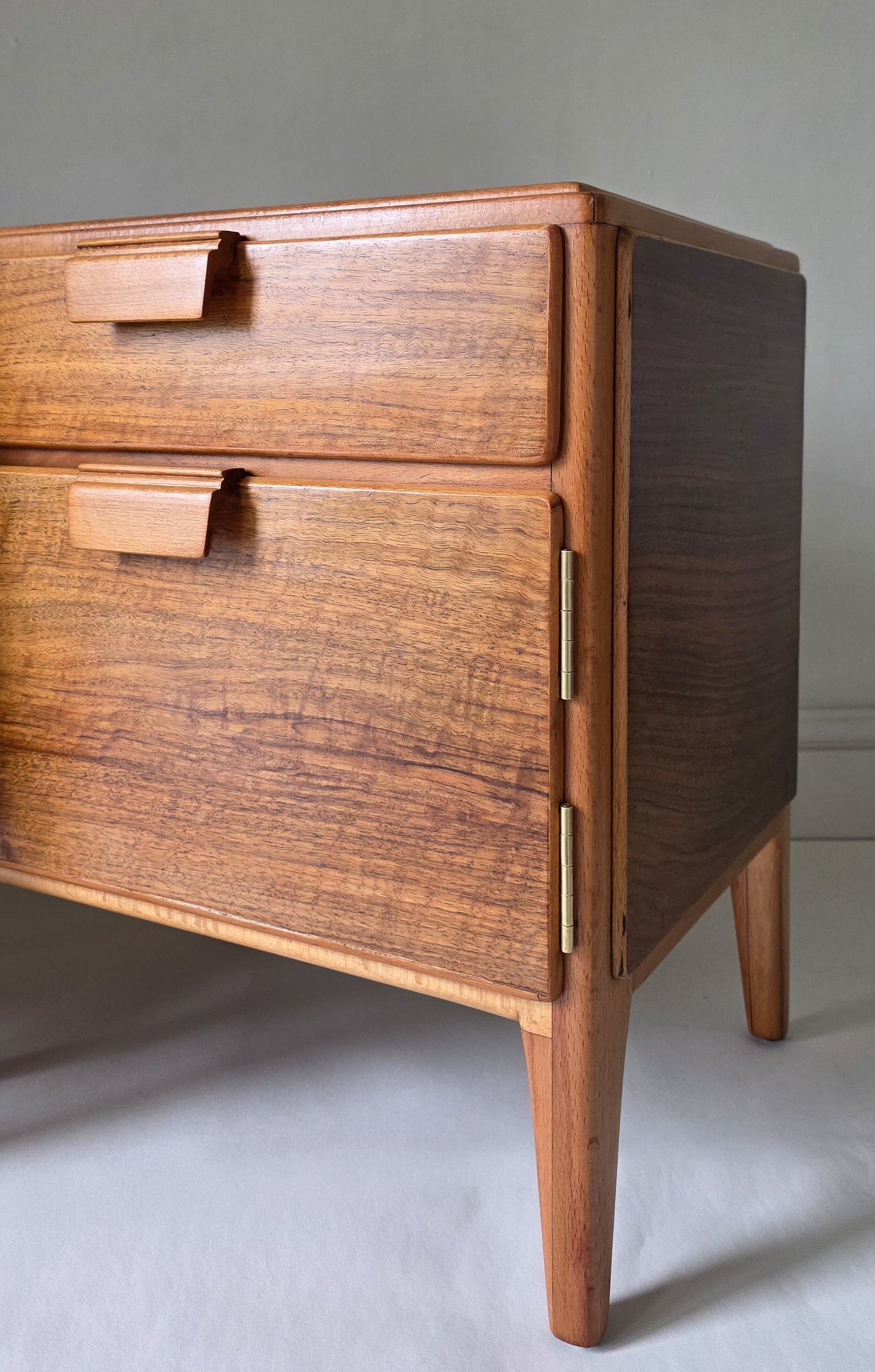 The Loughborough Pair of Mid Century Walnut Veneer & Teak Bedside Cabinets