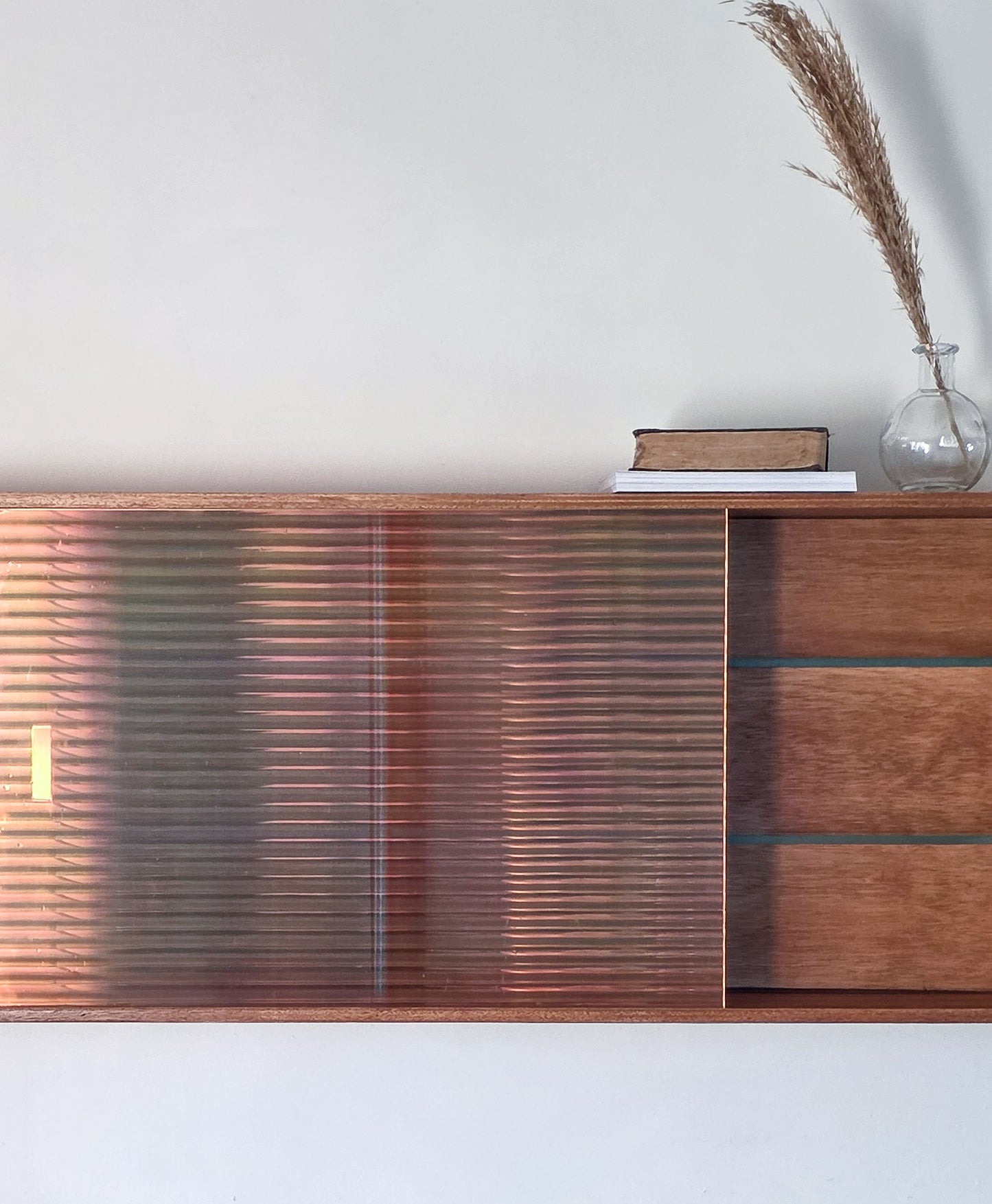 The Ingrid Mid Century Reeded Irridescent Glass Wall Cabinet