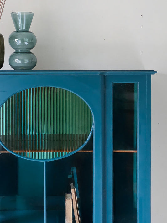 The Evelyn Turquoise & Gold Ribbed Glass Antique Cabinet