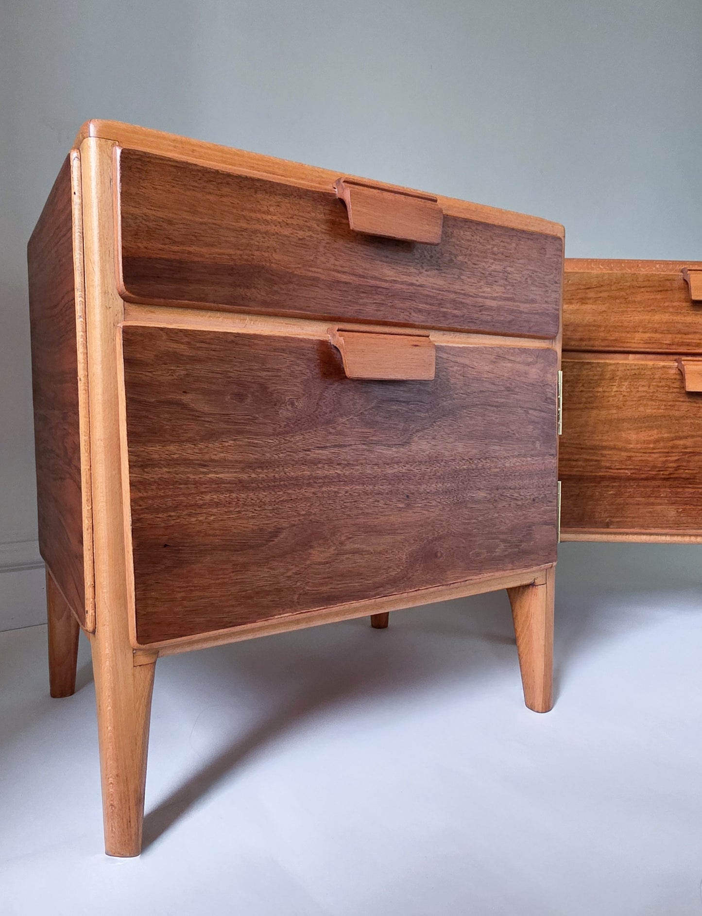 The Loughborough Pair of Mid Century Walnut Veneer & Teak Bedside Cabinets