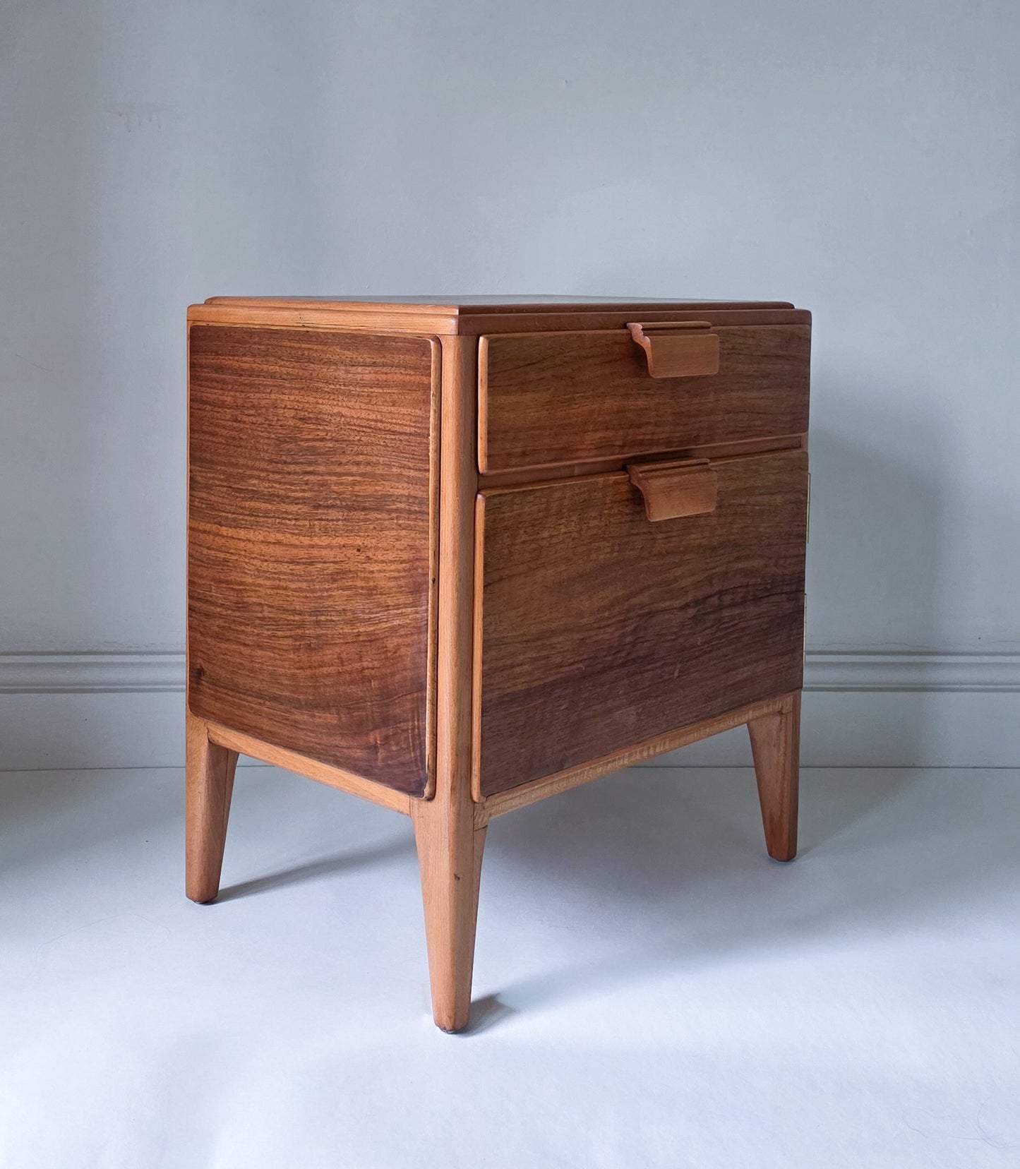 The Loughborough Pair of Mid Century Walnut Veneer & Teak Bedside Cabinets