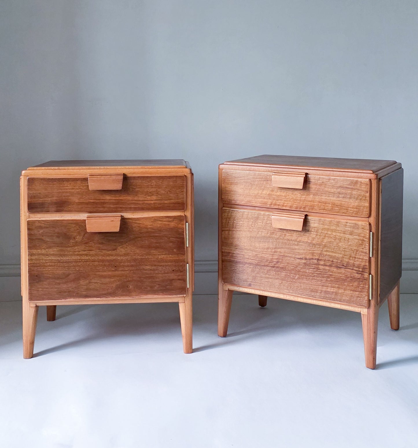 The Loughborough Pair of Mid Century Walnut Veneer & Teak Bedside Cabinets