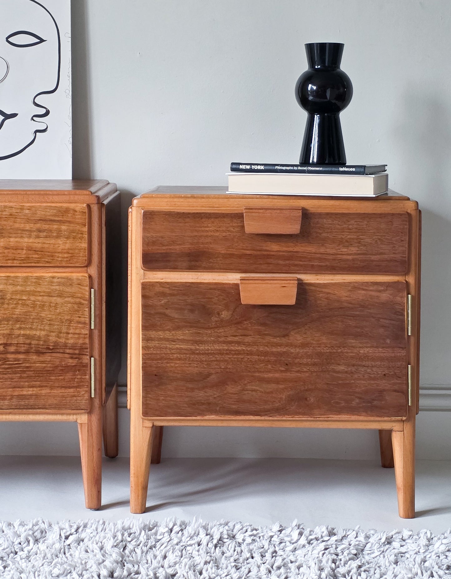 The Loughborough Pair of Mid Century Walnut Veneer & Teak Bedside Cabinets