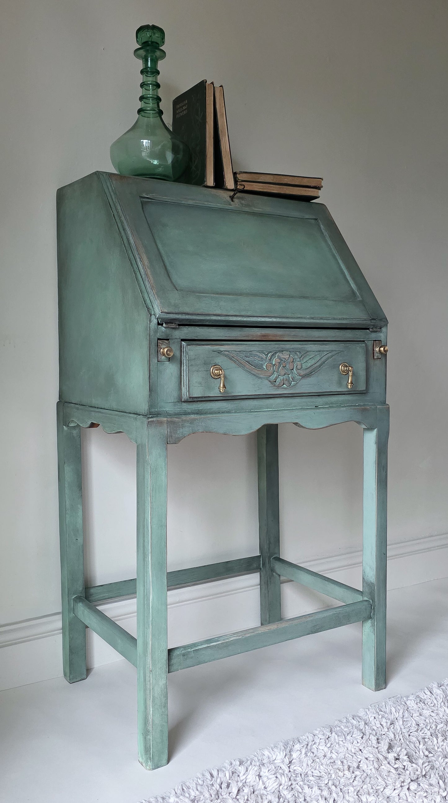 The Sharon Painted Oak Bureau & Floral Carving