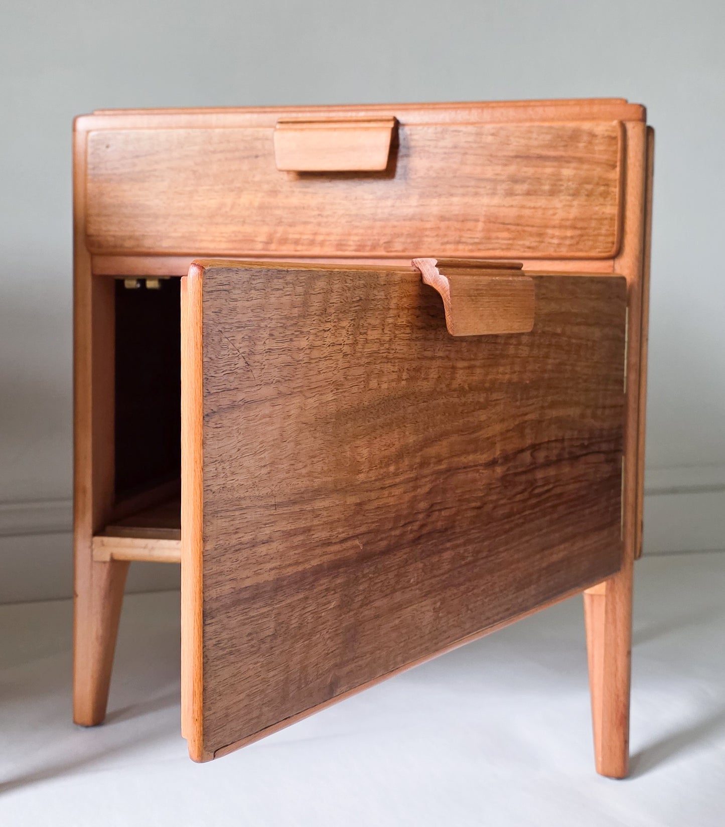 The Loughborough Pair of Mid Century Walnut Veneer & Teak Bedside Cabinets