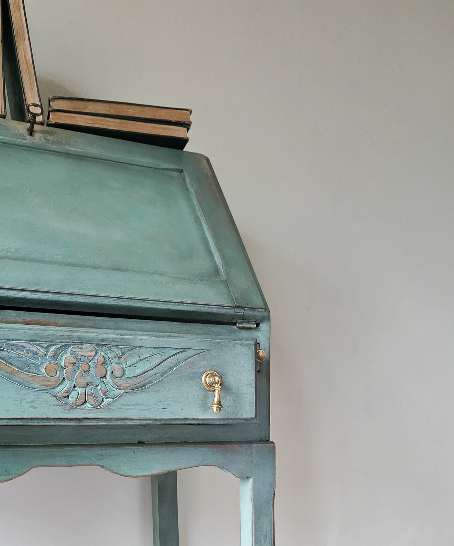 The Sharon Painted Oak Bureau & Floral Carving