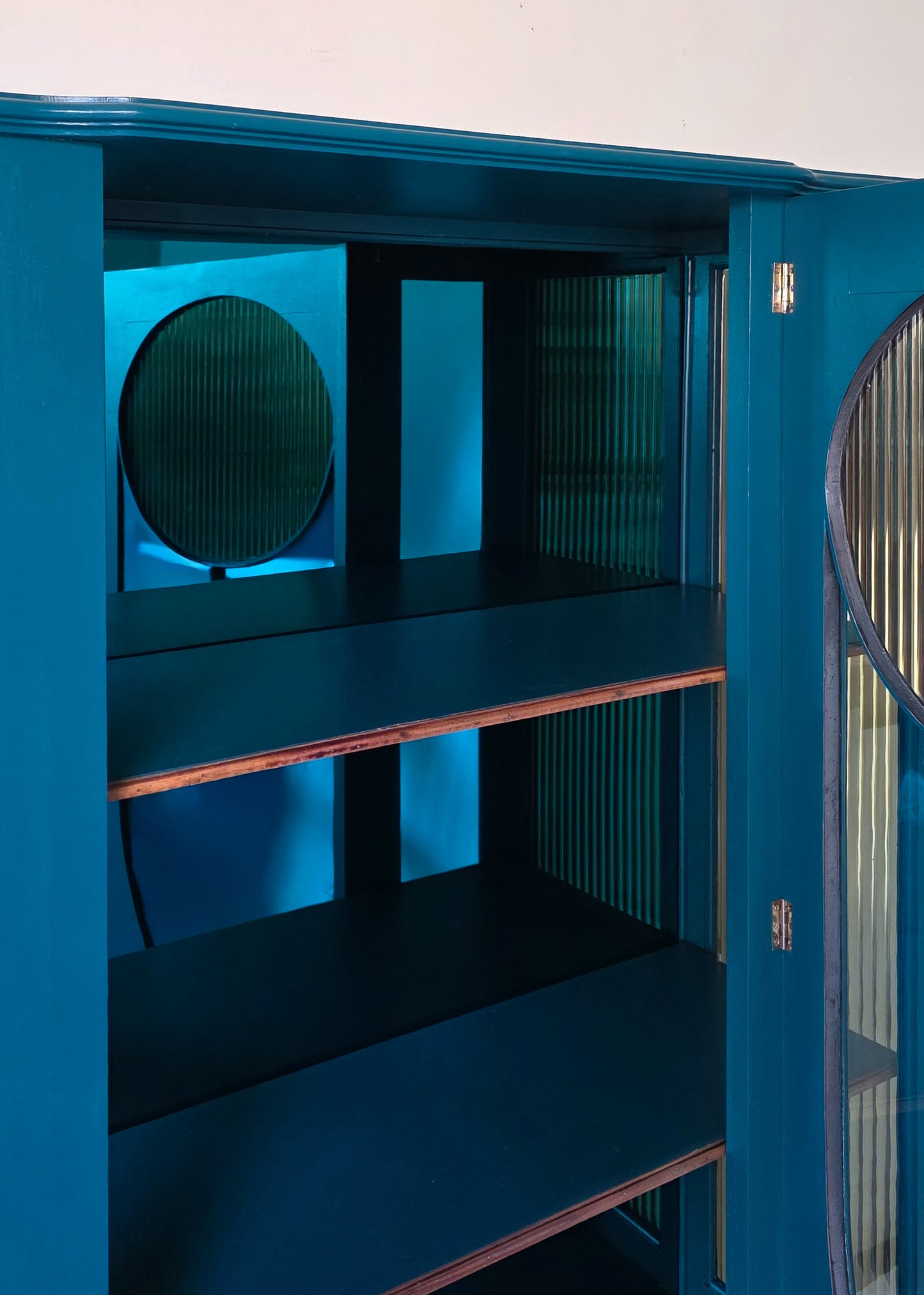 The Evelyn Turquoise & Gold Ribbed Glass Antique Cabinet