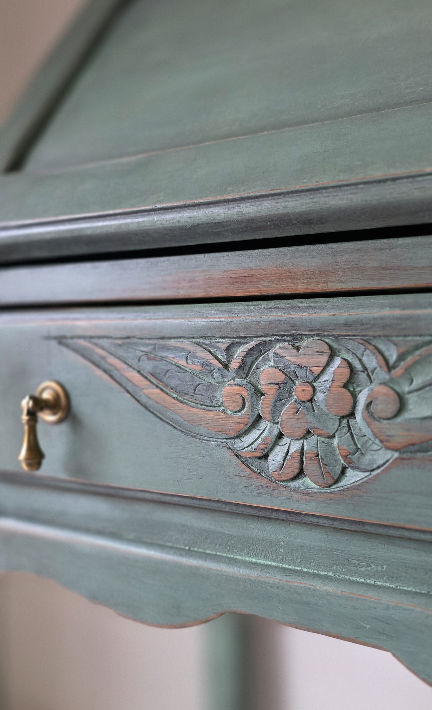 The Sharon Painted Oak Bureau & Floral Carving