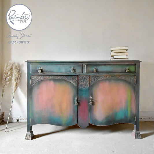 Stunning 1930’s Oak Sideboard hand painted in sophisticated rainbow colours as part of the Annie Sloan Painter in Residence Scheme.