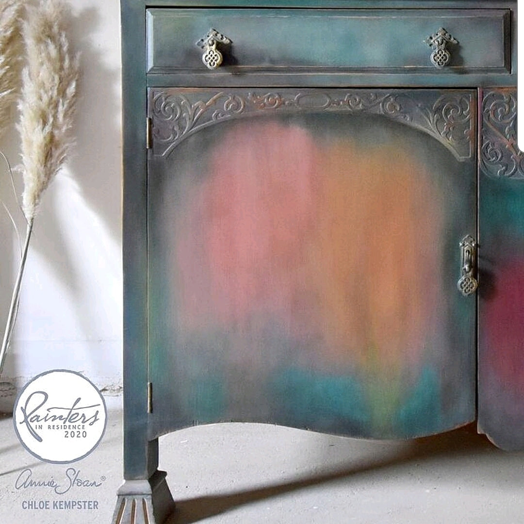 Stunning 1930’s Oak Sideboard hand painted in sophisticated rainbow colours as part of the Annie Sloan Painter in Residence Scheme.