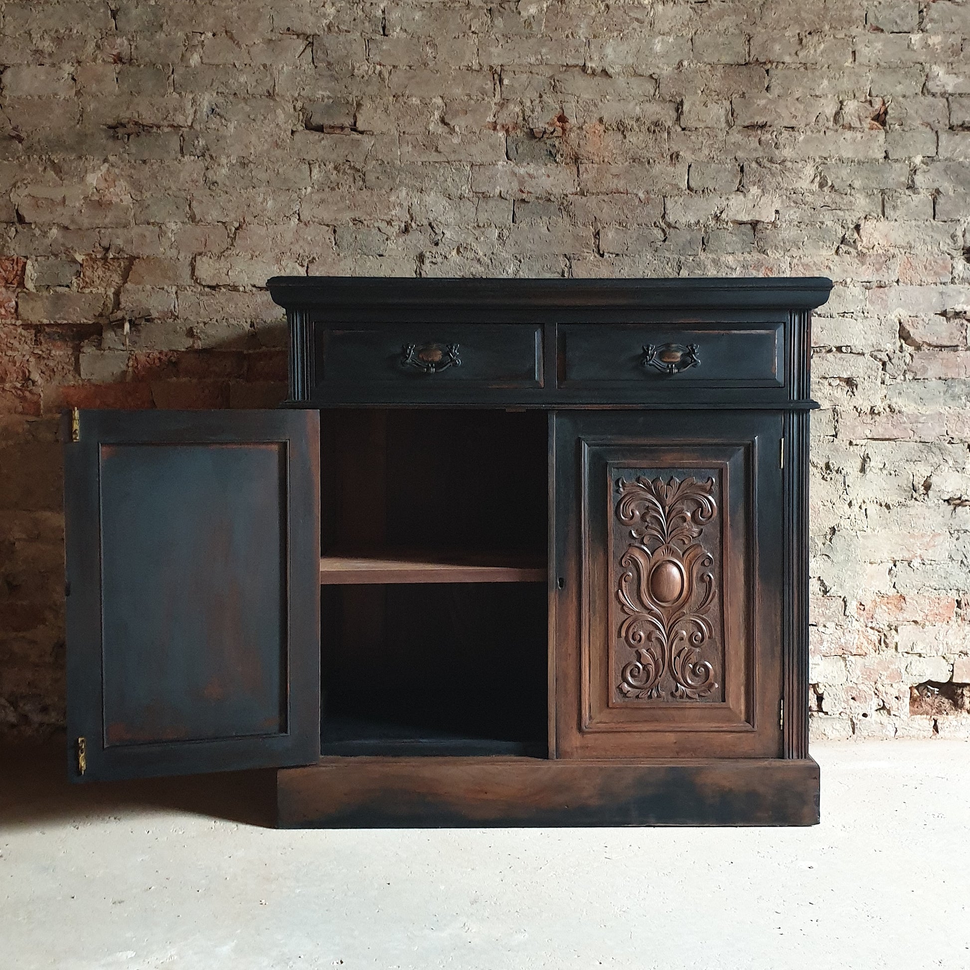 Edwardian Mahogany carved Sideboard with black ombre paint effect.