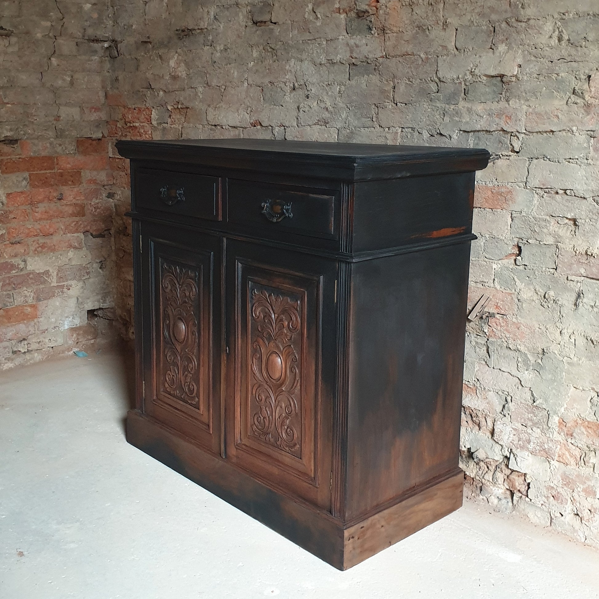 Edwardian Mahogany carved Sideboard with black ombre paint effect.