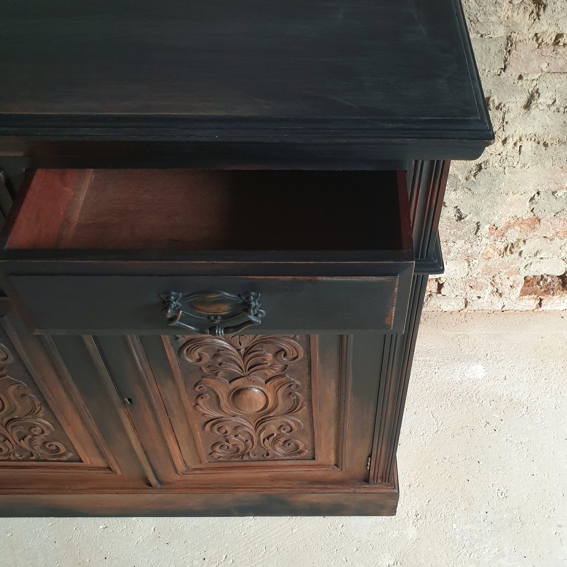Edwardian Mahogany carved Sideboard with black ombre paint effect.