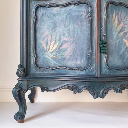 Hand painted Carved Bureau Sideboard with Faded Palm Decoupage. 