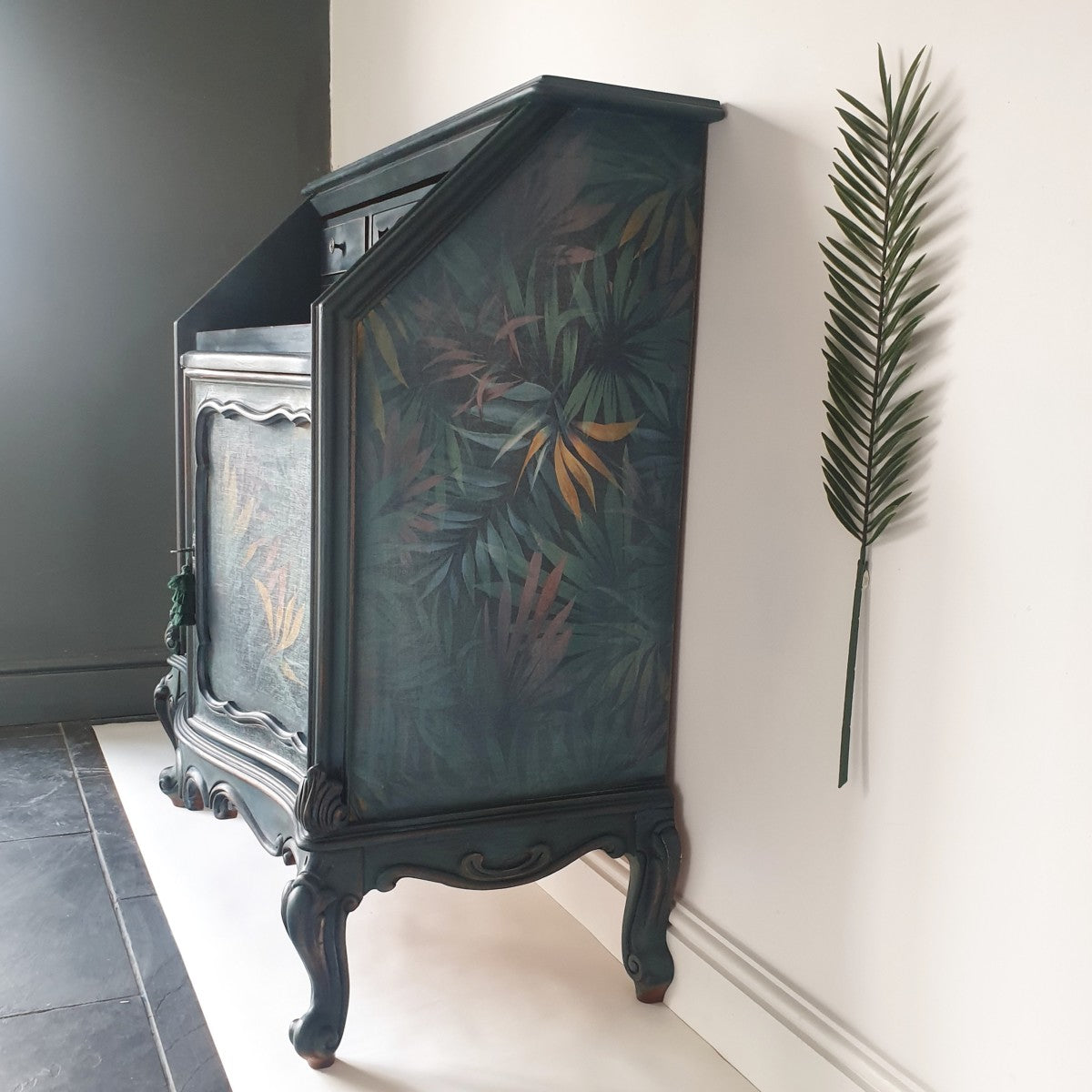 Hand painted Carved Bureau Sideboard with Faded Palm Decoupage. 