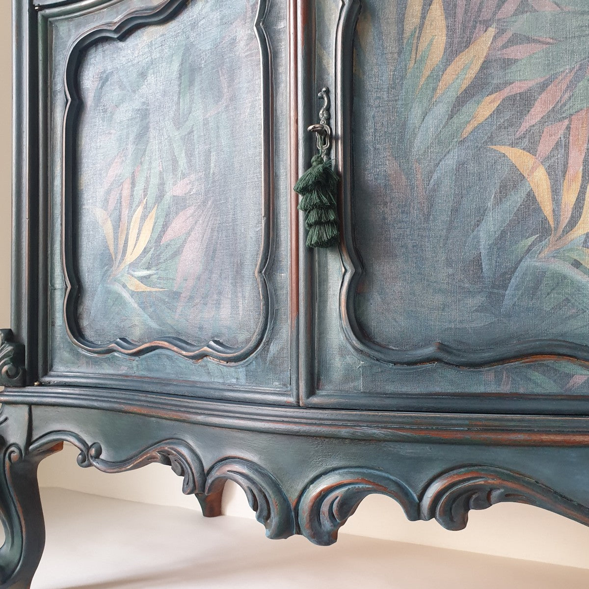 Hand painted Carved Bureau Sideboard with Faded Palm Decoupage. 