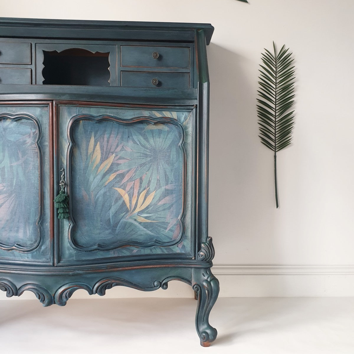 Hand painted Carved Bureau Sideboard with Faded Palm Decoupage. 