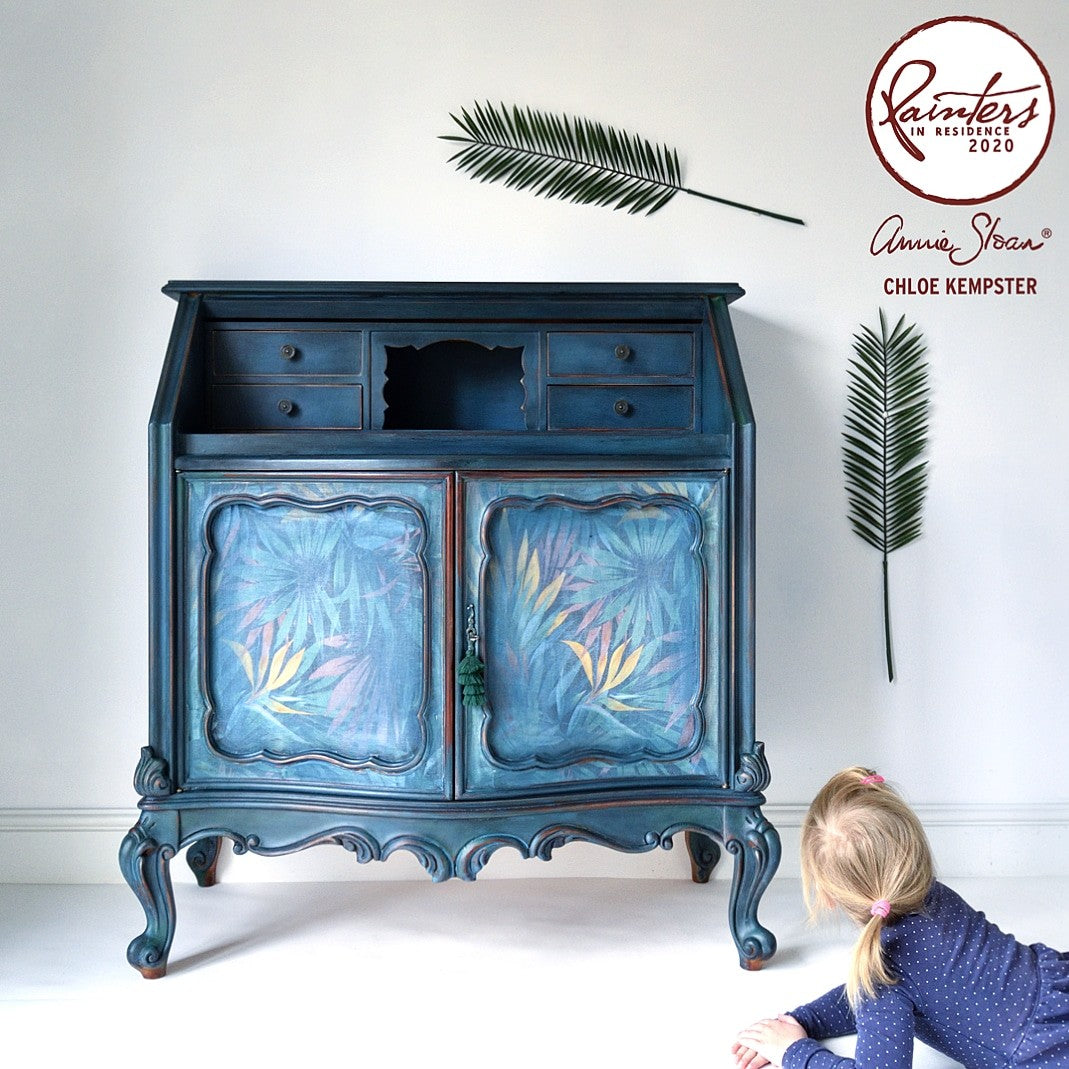 Hand painted Carved Bureau Sideboard with Faded Palm Decoupage. 