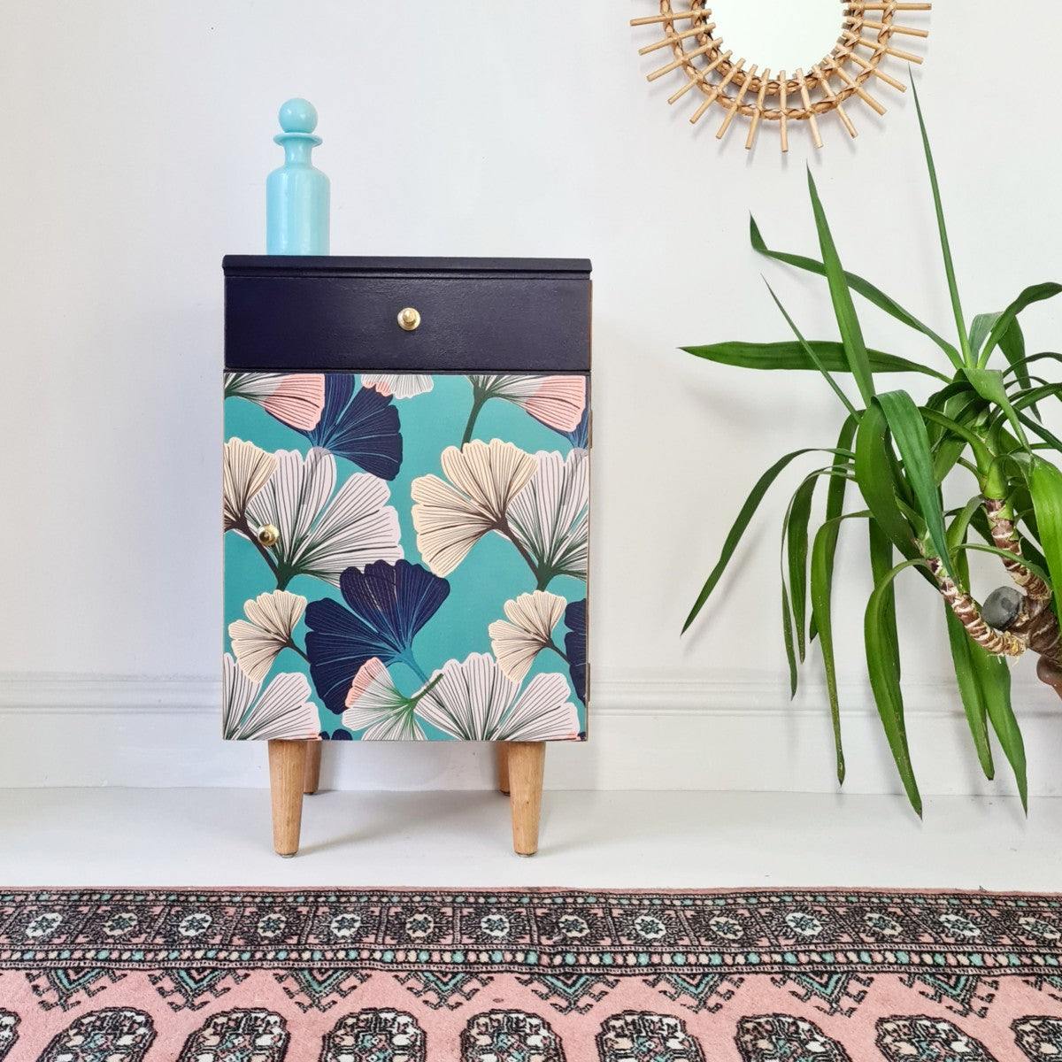 Mid Century Cabinet with original handles made by British Maker Lebus and refinished with inky blue and ginkgo decoupage.